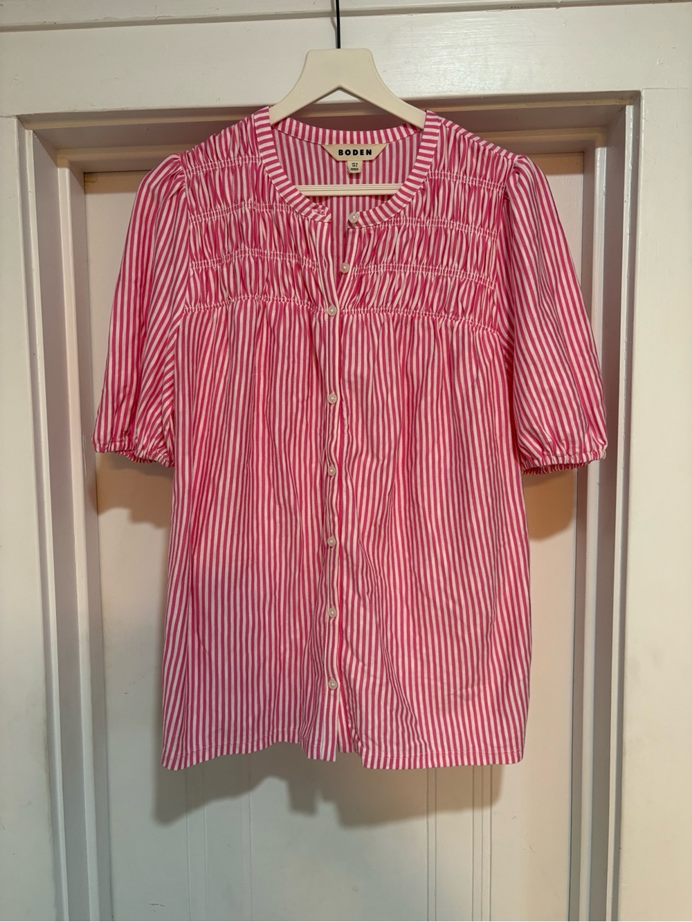 Boden Pink & White Striped Smocked Puff-Sleeve Blouse - Picture 7 of 12
